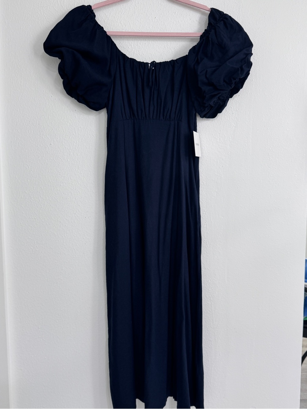 NWT Ellen Tracy Navy Blue Midi Dress Puff Sleeve Cottagecore Off Shoulder Small.